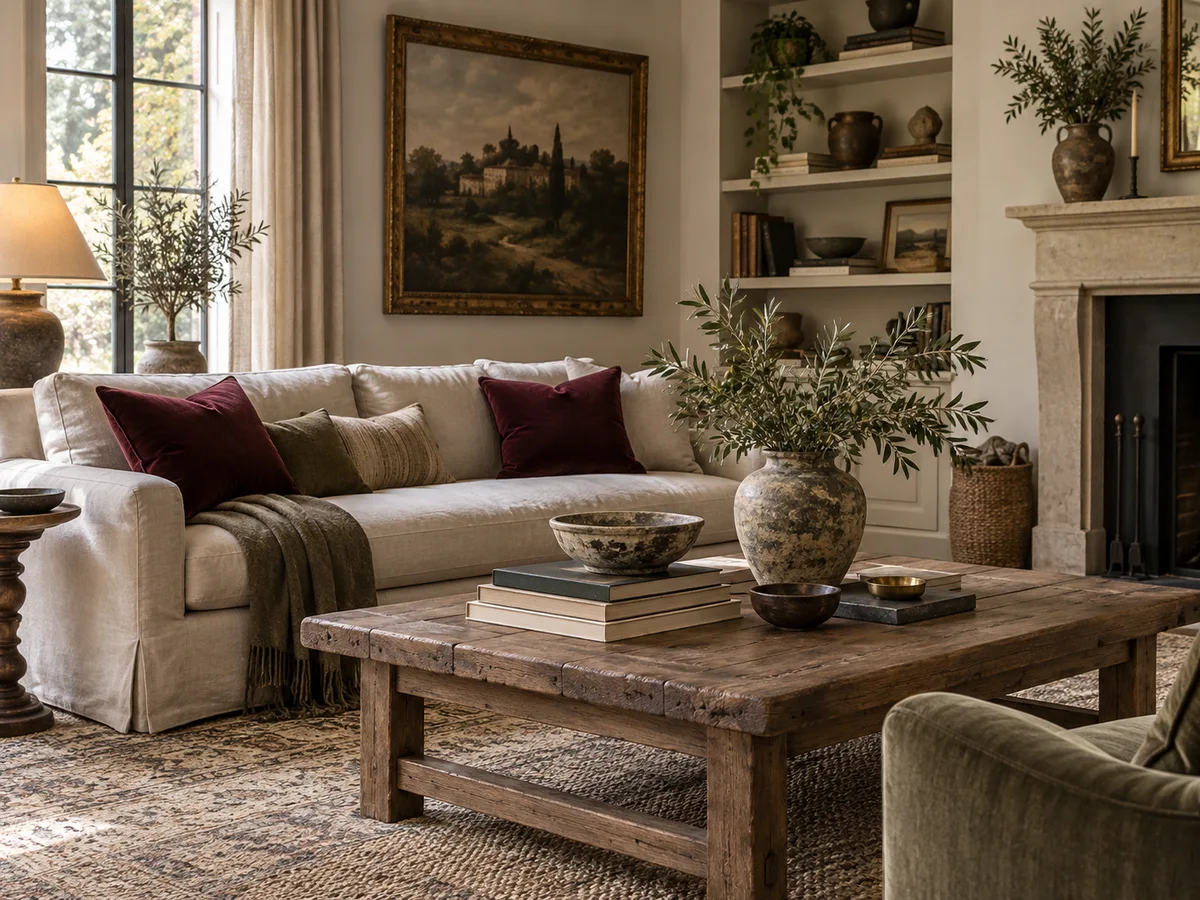 AI-generated year-round interior concept with linen sofa, burgundy cushions, collected ceramics and an oak coffee table.